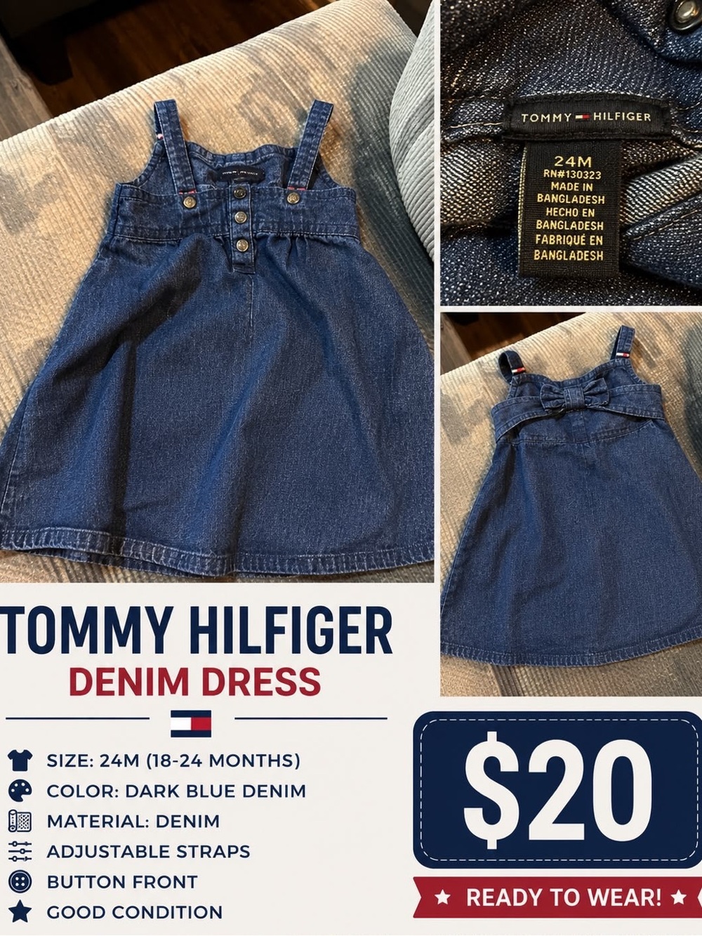 Tommy Hilfiger Dark Blue Denim Baby Sundress